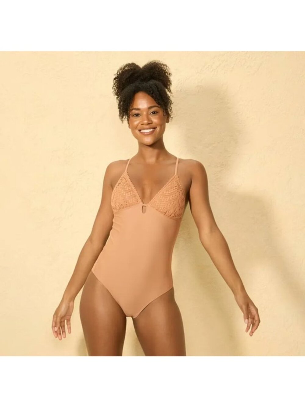 NEW Shade & Shore Crochet High Leg Cheeky One Piece Swimsuit - Brown